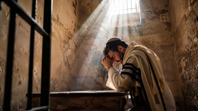 A man wearing a prayer shawl and kippah is praying in a stone cell, with light streaming through a barred window
