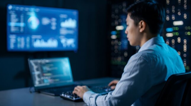 Data engineer working on laptop at workstation in secure monitoring center with large displays showing complex network performance data and system architecture analytics