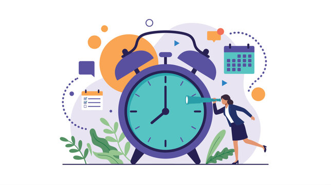 Vibrant cartoon illustration showing an alarm clock with people planning time around a calendar and plants.