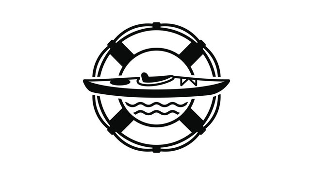 Kayaking Safety Icon: Kayak and Lifebuoy Emblem on White Background