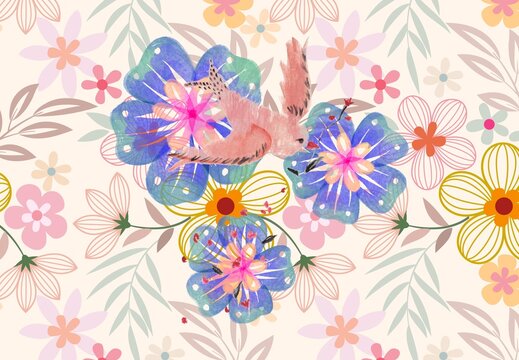 Textile spring flowers pattern. Floral pattern with small flowers in pink, yellow, cream tones. For spring, summer prints, packaging, cute stationery, kitchen decor, fabric design, isolated background