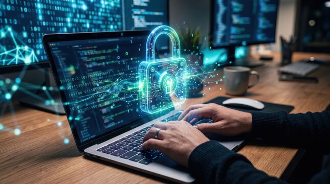 Programmer working on cybersecurity code with holographic lock interface, software development, coding, hacking prevention and secure network administration