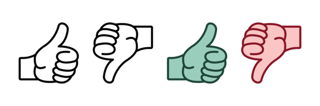 Thumb Up, Thumb Down Line and Silhouette Icon Set. Like and Dislike Pictogram. Social Media Feedback Symbol. Good and Bad Gesture Button Sign Collection. Isolated Vector Illustration.