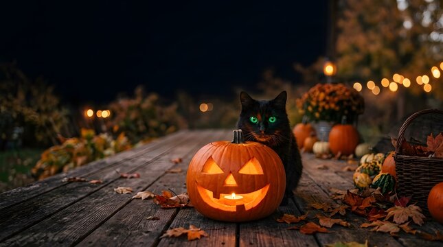 Black cat with glowing green eyes sitting by a carved Halloween jack-o-lantern on a wooden porch