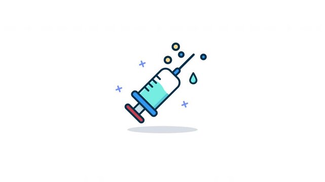 Looping Syringe Icon with Liquid and Bubbles. Flat minimalist medical injection design for vaccine, healthcare, and hospital treatment, isolated on white background