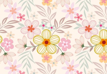 Obraz premium Textile spring flowers pattern. Floral pattern with small flowers in pink, yellow, cream tones. For spring, summer prints, packaging, cute stationery, kitchen decor, fabric design, isolated background