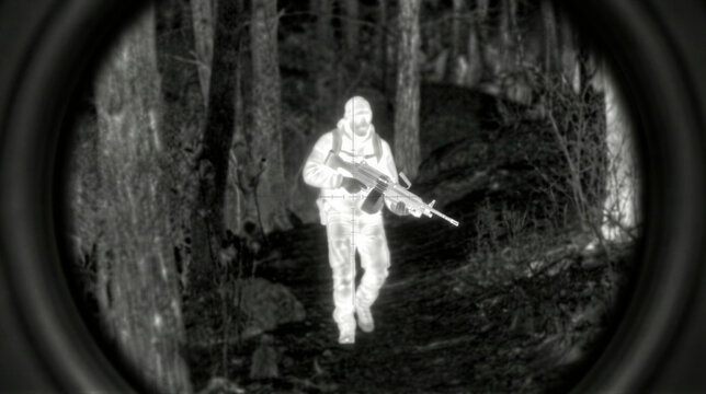 Thermal imager view of a soldier walking in a forest. Man with a rifle observed through night vision optic. Surveillance technology used for military reconnaissance and tactical mission.