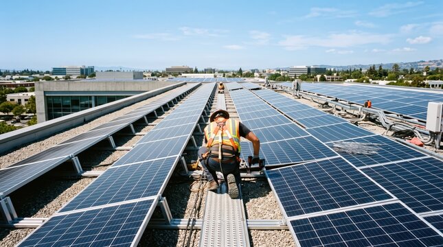 Professional worker installing solar panels on commercial building rooftop, renewable energy, sustainable power generation infrastructure, green technology implementation