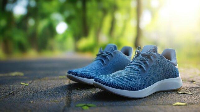 Pair of Blue Running Shoes on Park Path