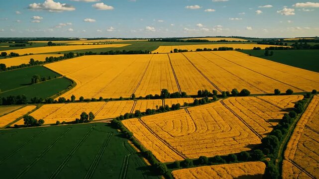Aerial view of vibrant yellow and green countryside fields