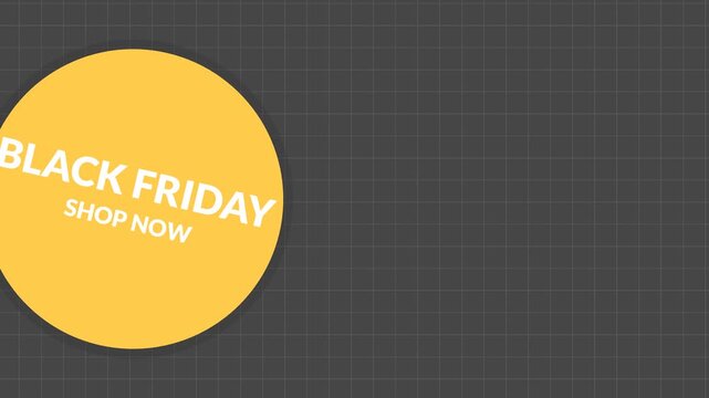 Seamless looping background animation of a swaying yellow circle with Black Friday text on black background with gray grid pattern text copy space area. Flat style promo frame design