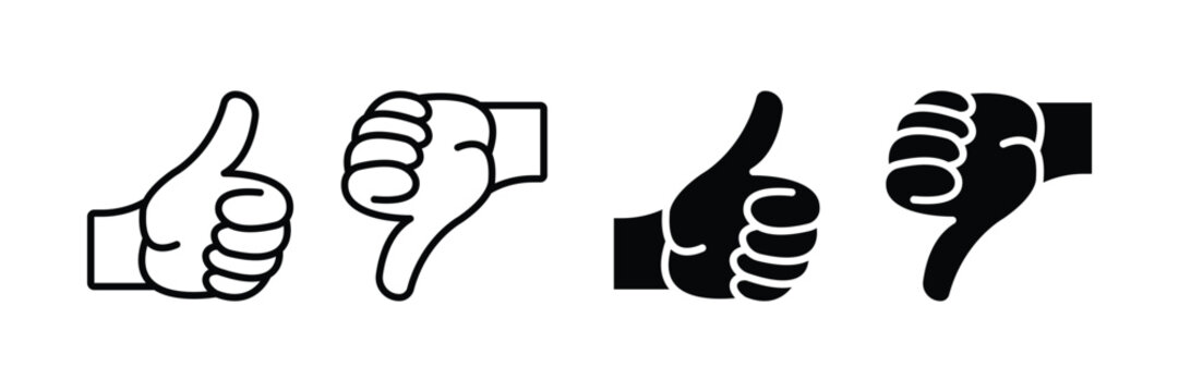 Thumb Up, Thumb Down Line and Silhouette Icon Set. Like and Dislike Pictogram. Social Media Feedback Symbol. Good and Bad Gesture Button Sign Collection. Isolated Vector Illustration