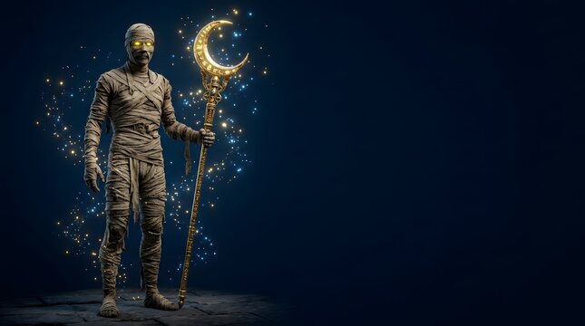Ancient Egyptian Mummy Holding Golden Crescent Staff With Glowing Eyes