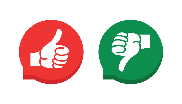 Thumbs up and thumbs down flat vector icons set with green and red feedback circles for user review interface