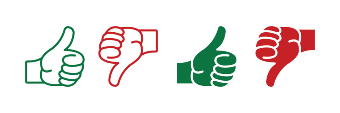 Like and Dislike Pictogram Collection. Thumb Up, Thumb Down Line and Silhouette Icon Set. Good and Bad Gesture Button Red and Green Sign. Social Media Feedback Symbols. Isolated Vector Illustration.