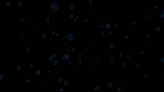 Abstract 3D glowing blue wireframe cubes floating in dark space cyber technology video background