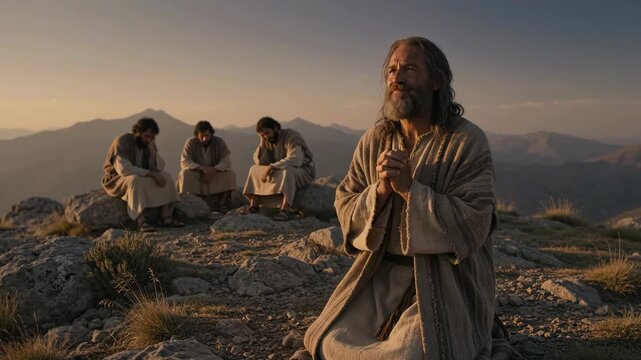 Ancient holy man kneeling in deep prayer on a rocky mountaintop at sunrise with disciples resting in background