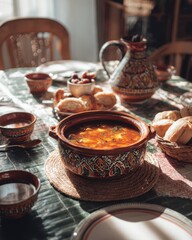 Fototapeta premium Traditional Clay Pot Meal Served on Dining Table