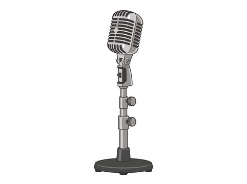 A vintage style silver microphone standing on a metal adjustable stand.