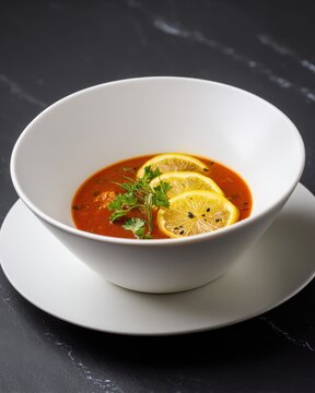 Tomato Soup with Lemon Slices in White Bowl