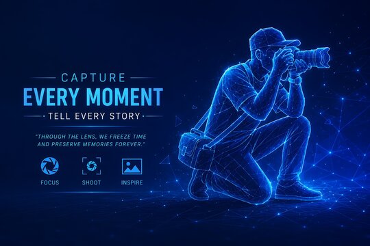 Kneeling photographer capturing a digital memory using a high tech camera rendered in connected nodes and blue light. world photography day with photographer, photography. world photography day