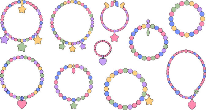 Assortment of nine colorful beaded bracelets and necklaces featuring star and heart charms 