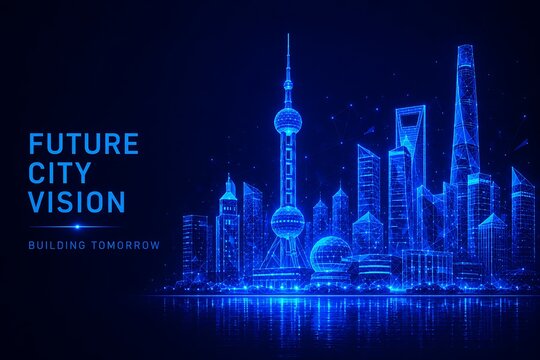 Futuristic skyline of a sprawling metropolis constructed from glowing blue digital network particles. world photography day with cityscape metropolis futuristic. world photography day