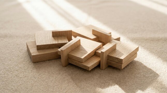 Interlocking wooden squares arranged in a precise geometric composition on a textured surface, capturing light and shadow in a minimalist display of architectural design and craftsmanship.