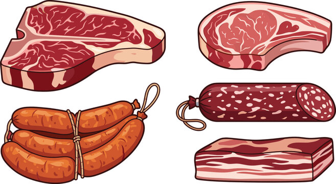 Cartoon meat illustration set with steak, sausage, bacon, and fresh raw beef cuts for food designs