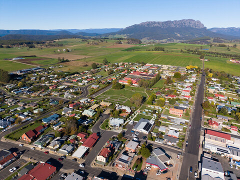 Aerial view over the town of Sheffield in Tasmania, Mt Roland appearing in the distance