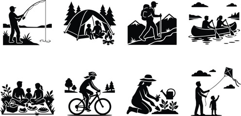 Obraz premium Black and white outdoor recreation and camping icons set depicting nature adventure and leisure activities
