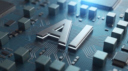 Fototapeta premium Artificial intelligence text on a circuit board. Futuristic AI technology and microchip concept.