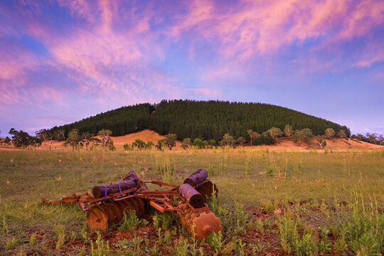 A colourful sunset sky over a rusty plough in a paddock in front of a tree covered mountain