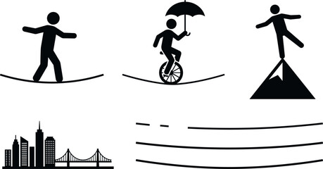 Stick Figure Concept Icon Set Representing Balance, Risk Management, Corporate Challenges, Overcoming Obstacles, Achieving Goals, and High Altitude Financial Stability Pictograms © Pocuram