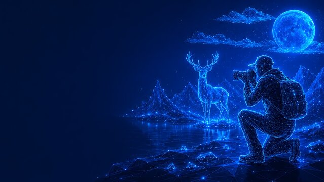 Digital wireframe landscape depicting a photographer kneeling to take pictures of a deer in moonlight. world photography day with photographer wildlife landscape. world photography day