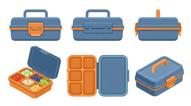 Blue plastic lunch box set in different angles and open with healthy food inside