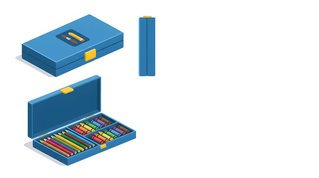 Blue pencil case with colorful crayons displayed in isometric view