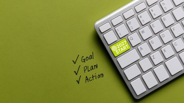 Business planning strategy with a just start keyboard key for goal success action