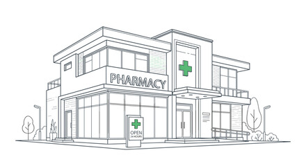 Fototapeta premium Modern commercial building design featuring a prominent pharmacy facade with clean lines and large glass windows