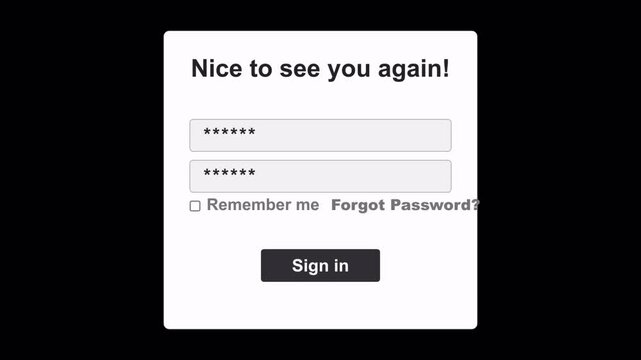 Sign In Screen Animation White UI Design, Email Password Login Form with Typewriter Text Effect, 4K Motion Graphics Alpha Channel