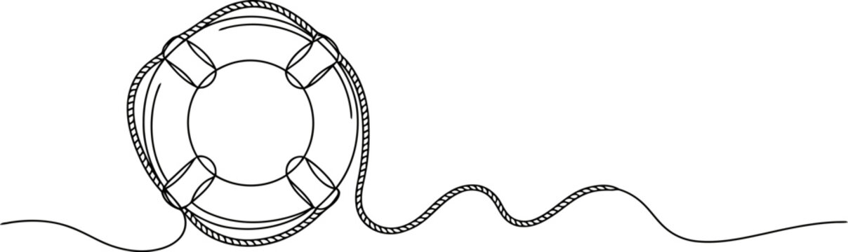 Simple Line of a Nautical Lifebuoy with a Rope Trailing Across a White Background.