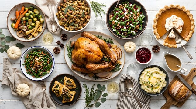 Top view of a traditional thanksgiving dinner feast with roasted turkey and various side dishes on white wood