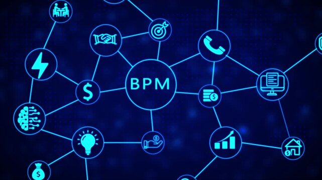 A central circle labeled BPM connects via lines to various representing business concepts including a handshake, target, phone, computer, graph, hand with money, dollar sign, and a brain with