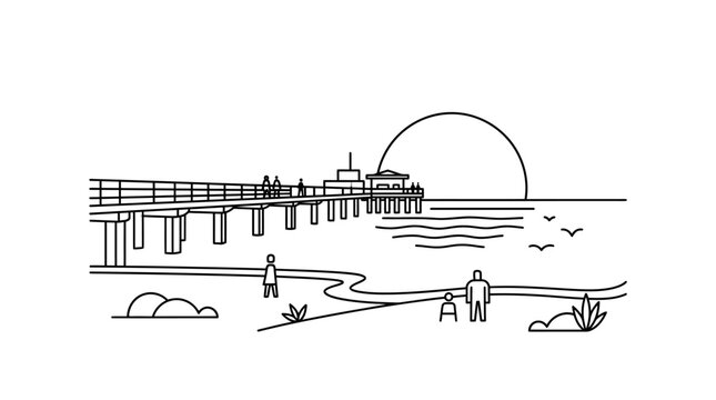 People stand on the sandy beach while looking at a long wooden pier during a beautiful sunset in this artistic line drawing.