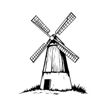 Minimalist windmill silhouette vector illustration isolated on white background for rustic farm and agricultural branding design