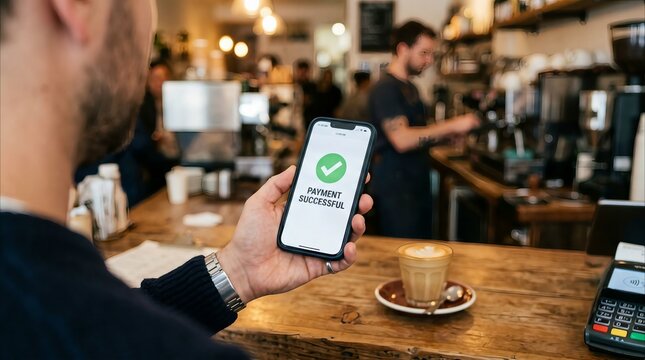Man holding smartphone with payment successful screen in coffee shop