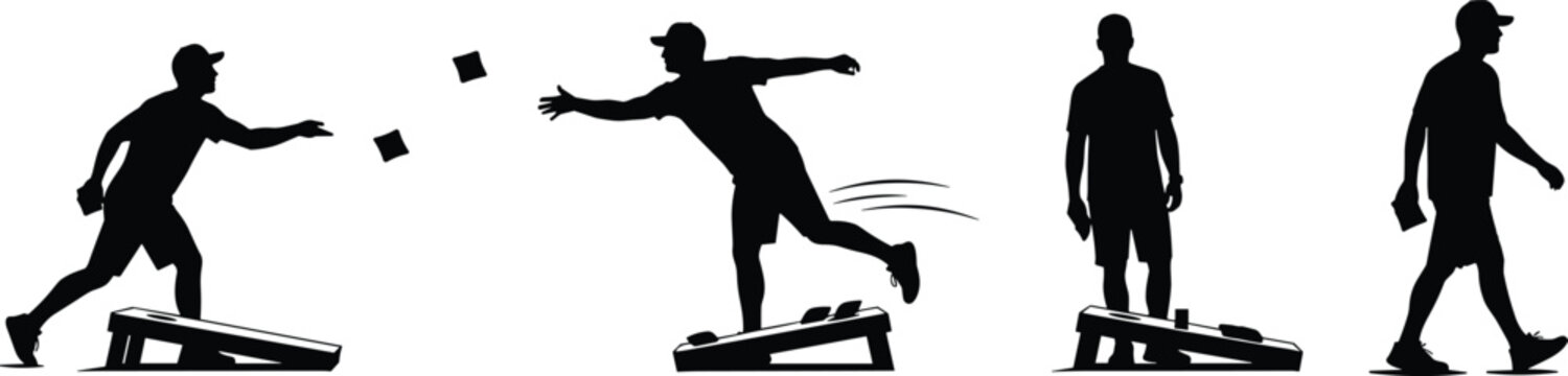 Cornhole game silhouette sequence, cartoon-style bean bag toss actions, outdoor lawn activity figures, sports movement illustration, competitive play pose artwork