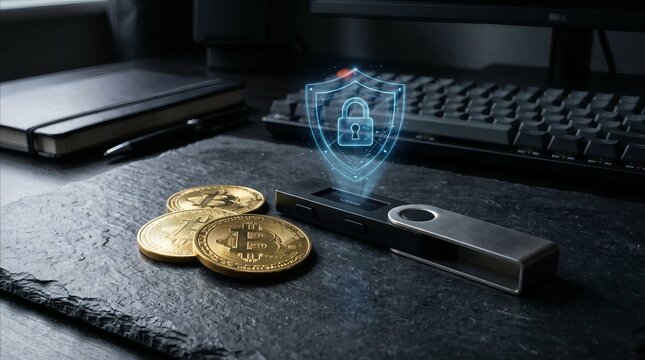 Cryptocurrency security with physical bitcoin and hardware wallet on desk