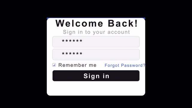 Modern Login Form Animation 4K | Sign In UI Screen with Typewriter Email Password Effect | Alpha Channel Motion Graphic for Website App Presentation