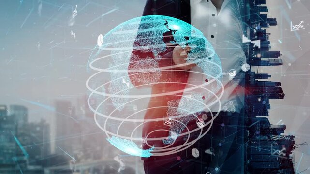 A business professional interacts with digital tools in a modern urban setting, showcasing a globe representation and data visualizations that emphasize global connectivity and innovation. Xenic